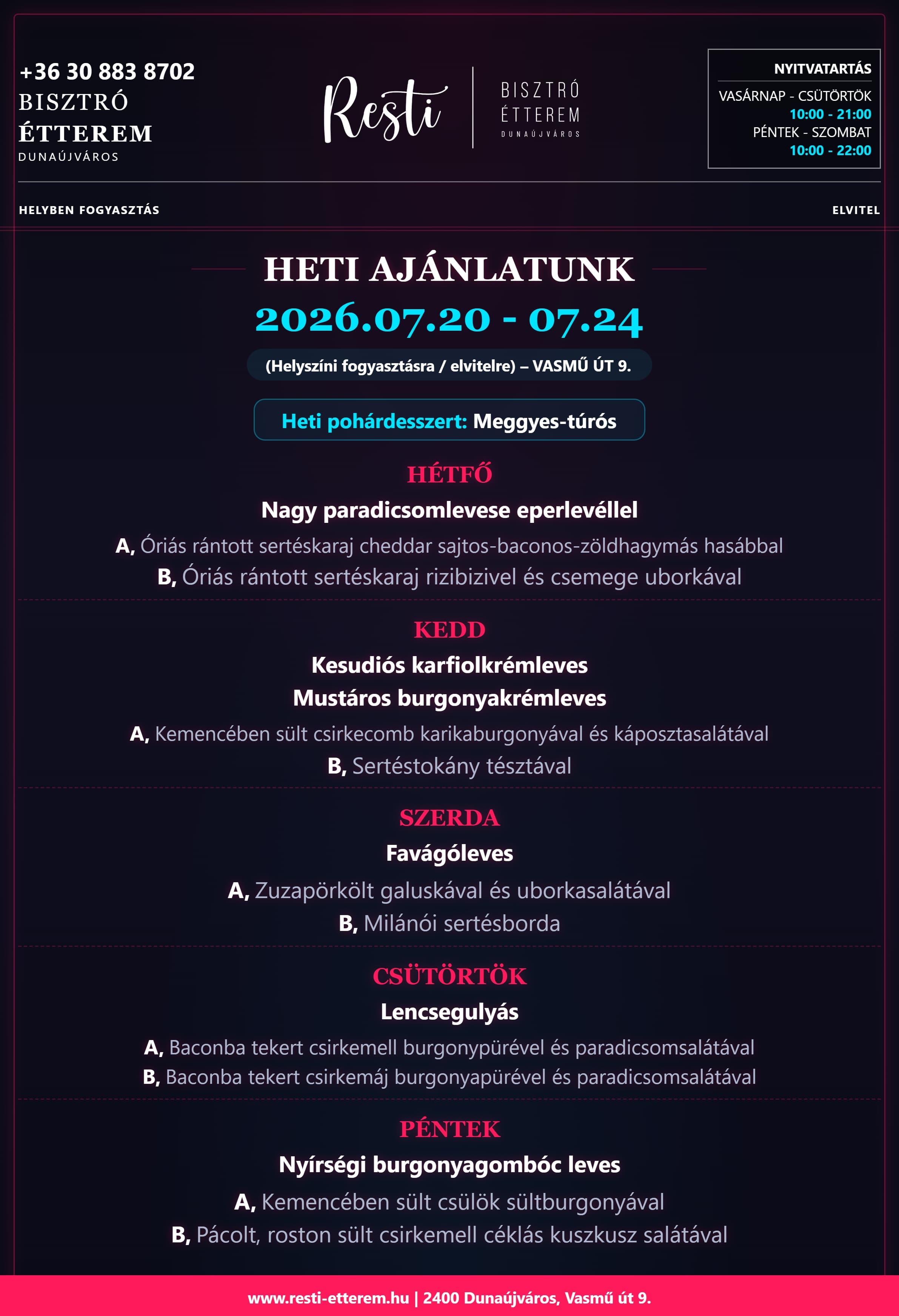 A Resti Bisztró aktuális heti ajánlata