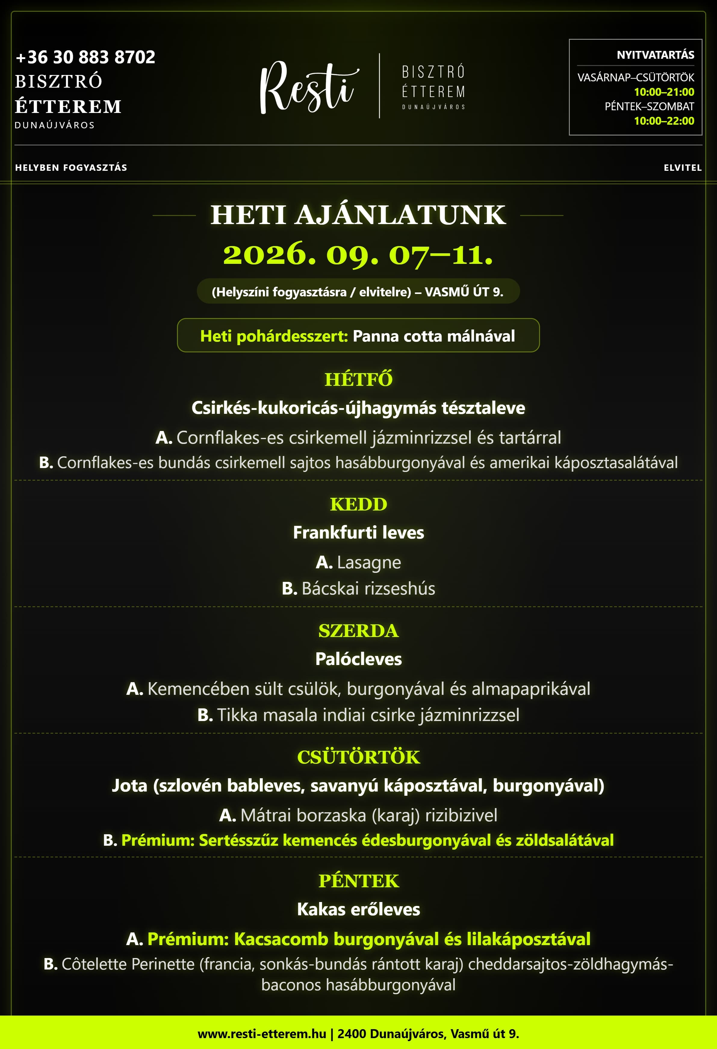A Resti Bisztró aktuális heti ajánlata