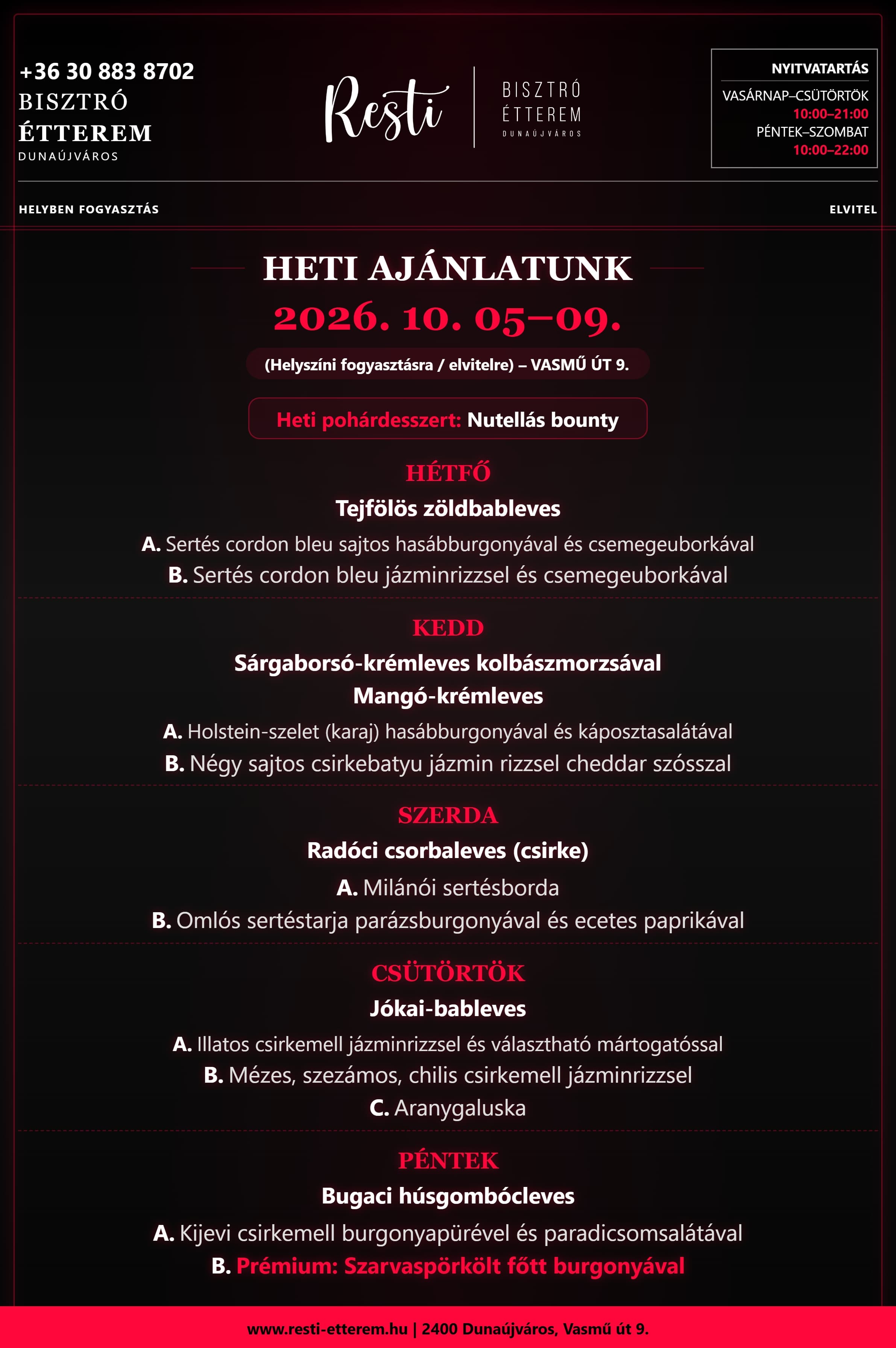 A Resti Bisztró aktuális heti ajánlata